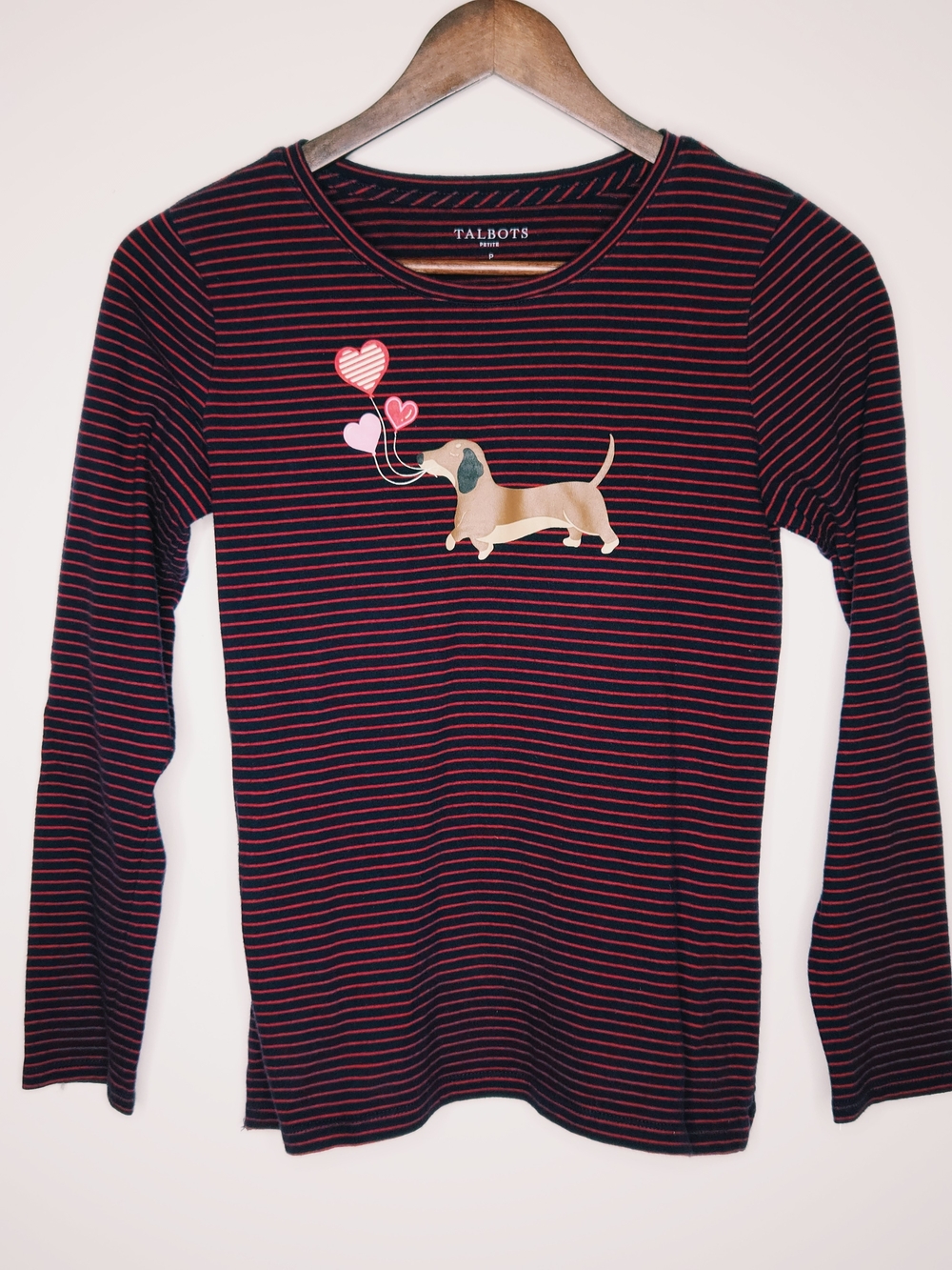 Talbots Navy & Red Striped Long Sleeve Tee with Dachshund Dog Graphic SP